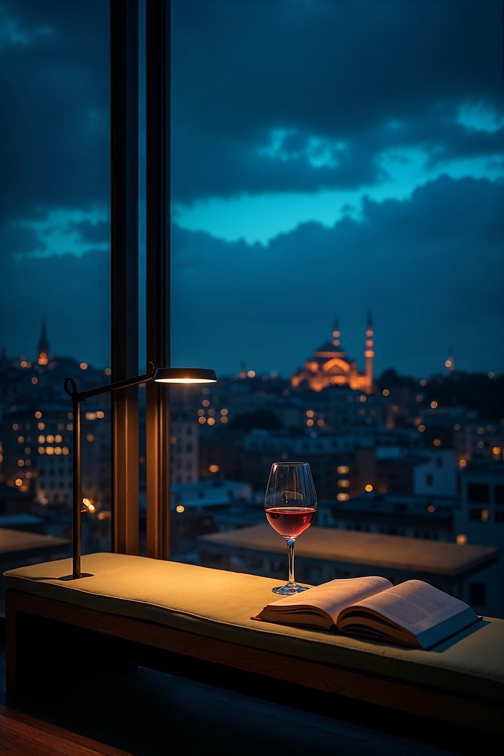 Akşam saatinde panoramik camlı balkonda lamba ışığı ve kitap