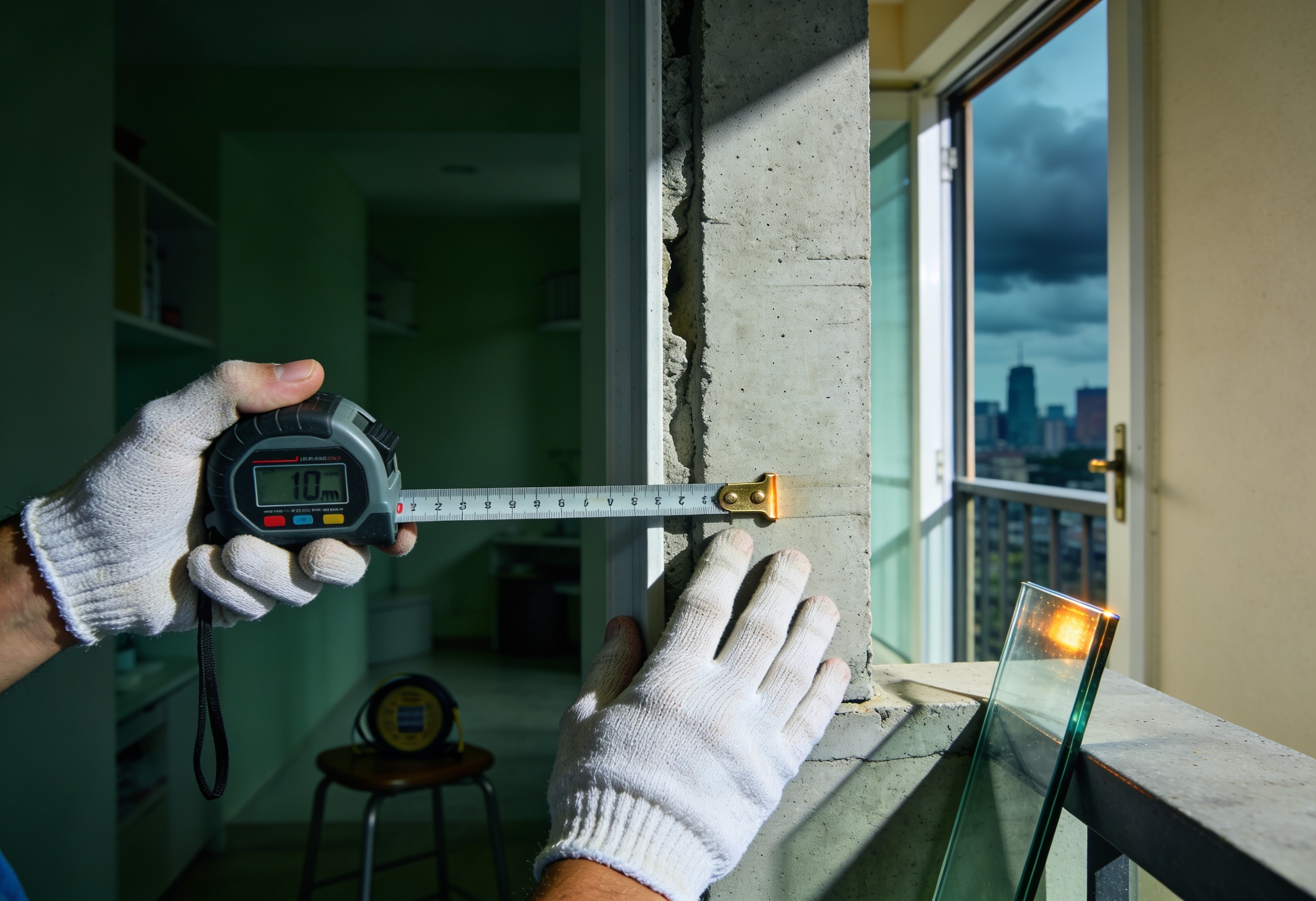 Beyaz eldivenli usta elleri lazerli metre ile balkon ölçüsü alıyor